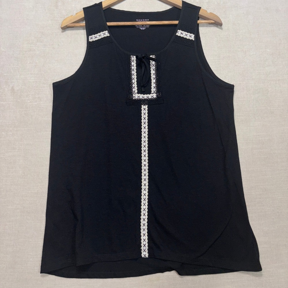 SONOMA Lace Trim Tie Neck Boho Sleeveless Tank Top Women's‎ Size L Cotton Black